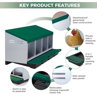 Chicken Nesting Boxes, Heavy-Duty 8-Compartment Metal Chicken Nesting Box – Removable Tray, Ventilation Holes, Easy Egg Collection, Rustproof Galvanized Steel - Green - 4 - Slot - color: Green, size: 4 - Slot