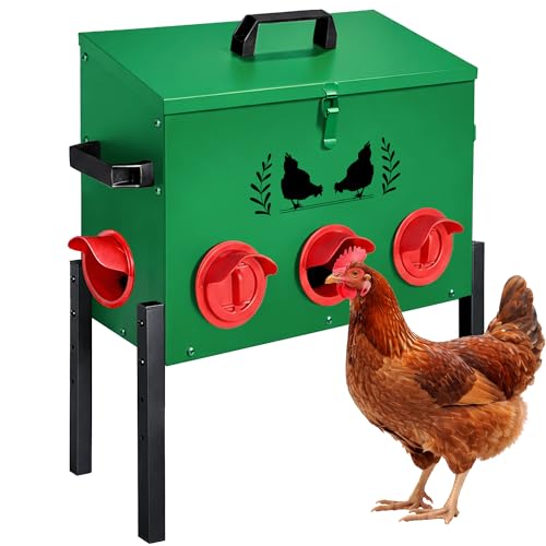 48 LB Large Automatic Chicken Feeder, No Waste Metal Poultry Feeder with 8 Ports, Weatherproof Outdoor Dispenser with Adjustable Legs & Locking Lid for Backyard Chickens, Green