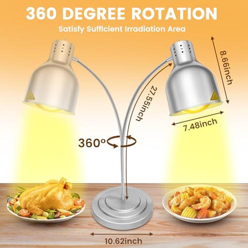 Food Heat Lamp, Commercial Food Warmer Lamp Includes 250W Infrared Bulb, 110V Stainless Steel Heat Lamps for Food Warming in Restaurant, Buffet, Catering, Home (Silver, 2 Bulbs)