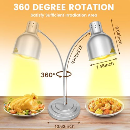 Food Heat Lamp, Commercial Food Warmer Lamp Includes 250W Infrared Bulb, 110V Stainless Steel Heat Lamps for Food Warming in Restaurant, Buffet, Catering, Home (Silver, 2 Bulbs)
