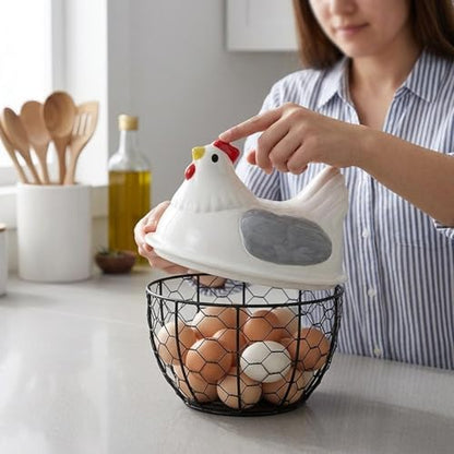Chicken Egg Basket Metal Iron Wire Egg Collection Basket Vegetable Fruit Basket Farmhouse Decorative Storage with Ergonomic Handles Suitable for, Gray Lid