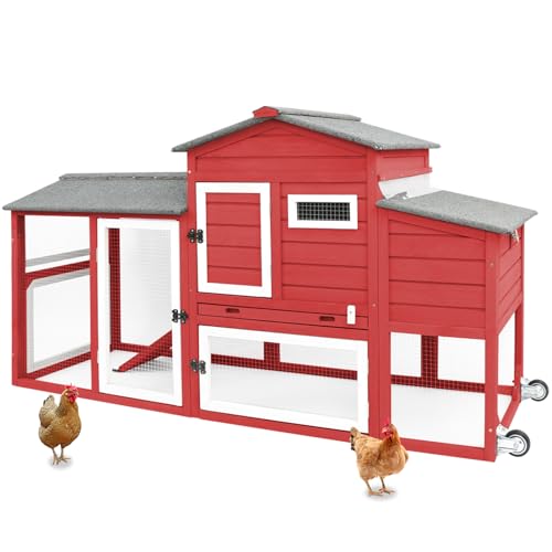 Chicken Coop for 2-3 Chickens, with Large Nesting Box, No-Slip Ramp & Pull-Out Tray, Wooden Poultry Bunny Hutch for Outdoor Indoor - color: Red, size: 67.4"L x 26.0"W x 38.7"H