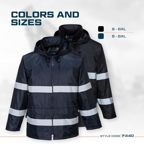 Portwest F440 Men's Hi Vis Waterproof Hooded Rain Jacket - Classic Iona Reflective Rain Coat Black, XX-Large - color: Black, size: XX-Large