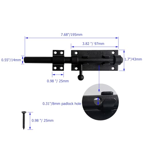 8 Inch Slide Bolt Latch, 304 Stainless Steel Bolt Lock with Padlock Hole, 14mm Dia.Rod Security Sliding Bolt Gate Latch, Heavy Duty Shed Door Latch for Inside Door, Outside Fence - Black - size: 8 Inch - Black