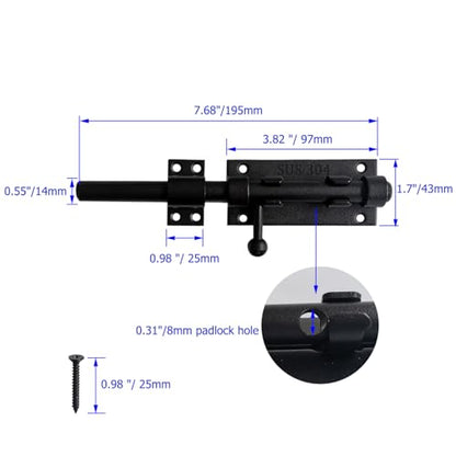 8 Inch Slide Bolt Latch, 304 Stainless Steel Bolt Lock with Padlock Hole, 14mm Dia.Rod Security Sliding Bolt Gate Latch, Heavy Duty Shed Door Latch for Inside Door, Outside Fence - Black - size: 8 Inch - Black