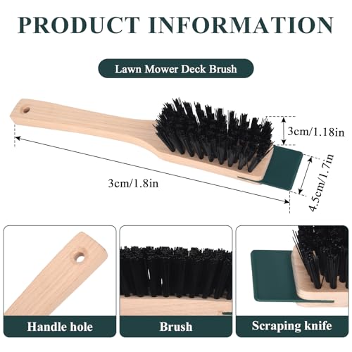 2 Pcs Lawn Mower Stiff Bristle Brush, Heavy Duty Hardstiff Bristle Brush with Scraper Wooden Handles Widely Used for Deck, Machine, Concrete Cleaning