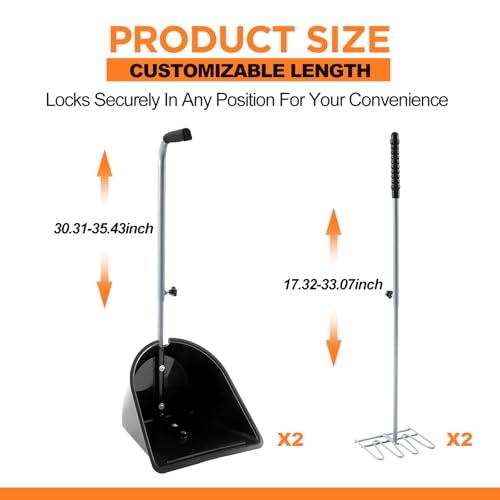 Maxdot 2 Sets Adjustable Manure Scoop and Shovel, Horse Dog Poop Scooper and Manure Rake, Adjustable Handle for Stables, Dog Kennel, Chicken Coop Cleaning & Garden Composting