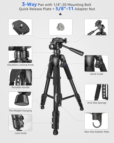 Laser Level Tripod, Huepar 56” Extendable Height Tripod for Line Lasers, Point Lasers, Laser Distance Measures, 1/4" and 5/8" Thread Mount, Multi-Function Hook, Non-Skid Feet, TPD14 - size: 56 inch