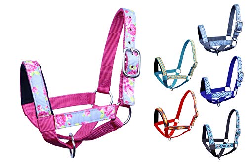 Double Layer Heavy Duty Padded Overlay Printed Nylon Cow Halter - 6 Month Warranty - color: Grey Floral and Hot Pink, size: Medium (Calf)