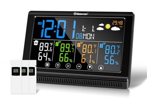 Geevon Weather Station Wireless Indoor Outdoor Thermometer 3 Sensors, Color Display Digital Temperature Humidity Monitor with Barometer, Calendar, USB Charge and Adjustable Backlight