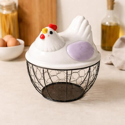 Chicken Egg Basket Metal Iron Wire Egg Collection Basket Vegetable Fruit Basket Farmhouse Decorative Storage with Ergonomic Handles Suitable for, Purple Lid