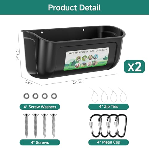 Chicken Feeder Trough, Hanging Fence Feed Trough for Livestock Poultry, Chicken Feeder Waterer Bucket for Goat Sheep Deer Poultry Duck Gooses（ 2 * 2.7 Quart ） - color: Black