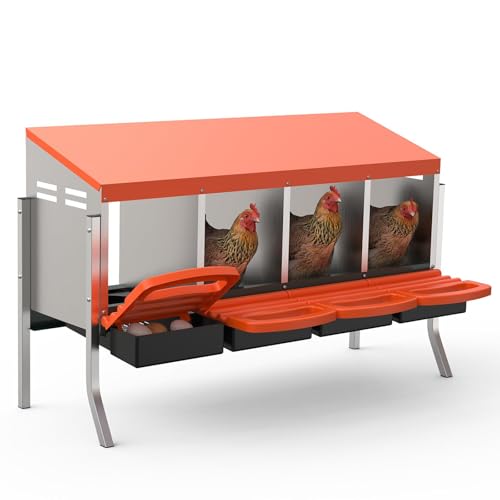 Metal Chicken Nesting Box with Easy-Collect Tray & Lid – 3/4/2x2 Compartment Heavy Duty Roll Away Nesting Boxes for Chickens, Wall Mount or Freestanding, Galvanized Steel Hen Laying Box for Coop - color: Orange, size: 4 Holes with legs