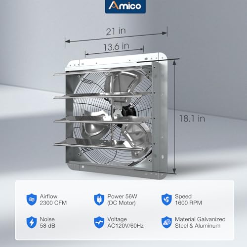 Amico 18 Inch Shutter Exhaust Fan with Remote, Energy Efficient 56W EC Motor, 2300 CFM Wall Mount Ventilation Fan for Garage, Greenhouse, Barn & Warehouse, 9-Speed Adjustable, Timer, Plug In, FCC - size: 18 Inch