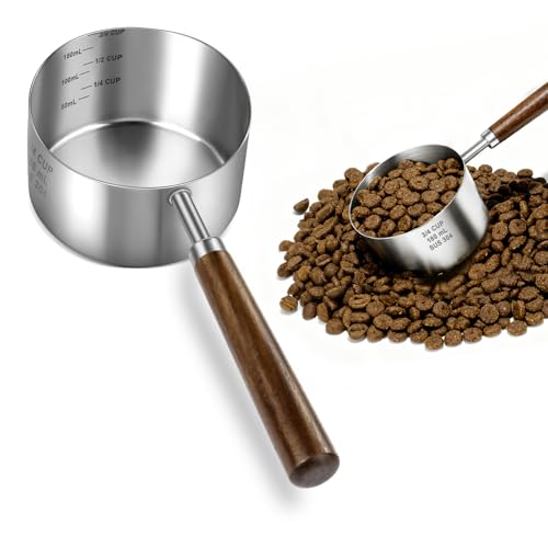 Stainless Steel Dog Food Scoop, Dog Food Measuring Cup With Measuring Lines (Cup/ML) & Long Wooden Handle, Metal Pet Food Scoop For Dogs, Cats and Kitchen Use, Dishwasher Safe (3/4 CUP) - size: 3/4 CUP
