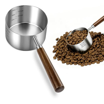 Stainless Steel Dog Food Scoop, Dog Food Measuring Cup With Measuring Lines (Cup/ML) & Long Wooden Handle, Metal Pet Food Scoop For Dogs, Cats and Kitchen Use, Dishwasher Safe (3/4 CUP) - size: 3/4 CUP