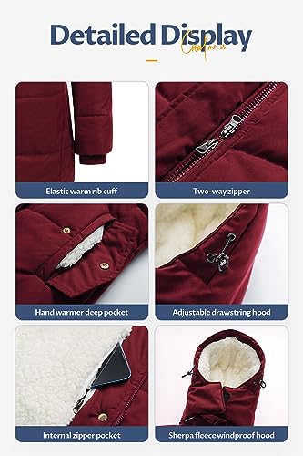 CREATMO US Women's Thicken Sherpa Winter Coat Puffy Warm Snow Jacket With Removable Hood - color: Burgundy, size: Large