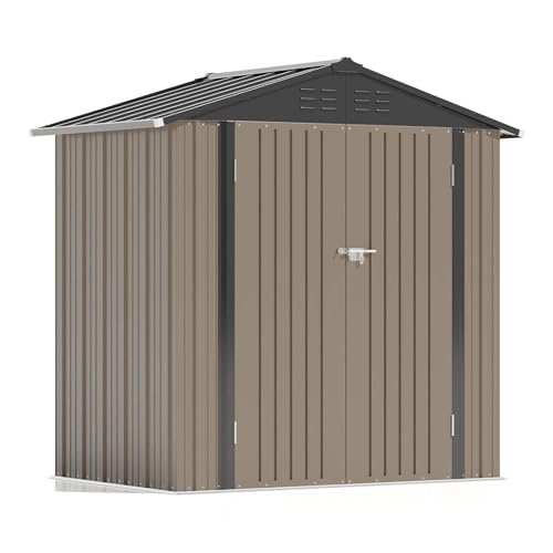 Patiowell 6x4 FT Storage Shed, Outdoor Metal Sheds with Lockable Door and Sloping Roof, Waterproof Outside Utility Garden Tool Shed with Breathable Vents for Patio Lawn Backyard, Brown - color: Brown, size: 6x4 FT
