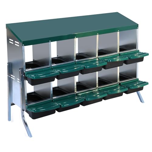 Chicken Nesting Boxes,10 Hole Metal Roll Away Eggs Laying Boxes with Ventilation Holes，Rustproof Plastic Tray & Keyhole Mounting, Cleanable Pull Out Nest Box for Hen & Duck, Green - color: Green, size: 10 holes with legs