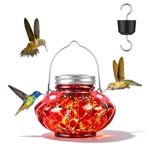BOLITE Hummingbird Feeders for Outdoors, Hand Blown Top Fill Hummingbird Feeder, Glass Mason Jar with 4 Flower Feed Ports, Easy to Clean, Leak Proof, Bee Proof, Ant Moat, Red, Gift for Bird Lovers - color: Red