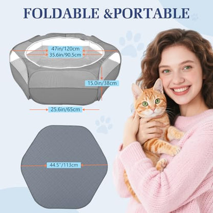 2-in-1 Small Animals Playpen with Pad, Waterproof Small Pet Cage Tent with Reusable Pad, Portable Outdoor Yard Fence with 3 Metal Rod for Chick/Kitten/Puppy/Guinea Pig/Rabbits/Chinchillas, Gray+Gray - color: U-Gray+Gray