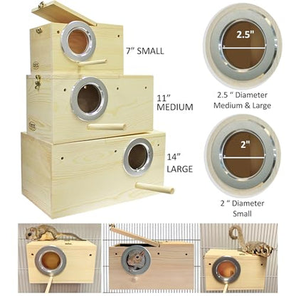 Sturdy Nest Box (S) - Cage Attachment, Hinged Lid, Perching Ledge - for Sugar Glider, Squirrel, Rat, Finch, Parakeet, Lovebird, Parrotlet, Lovebird, Canary, Cockatiel, Other Birds & Small Pets - size: Small
