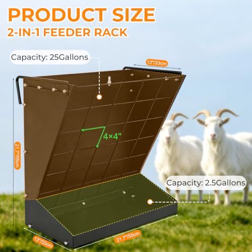 2 in 1 Wall Mount Hay and Grain Feeder,Livestock Feeder | Galvanized Steel Hay Feeder Rack,Large Capacity,For Goats/Sheep, Horses, Cattle,Barn Farm Pens