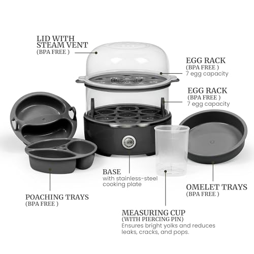Elite Gourmet EGC1215B Easy Egg Cooker, Stainless-steel Heating Plate, Two-Tiered, 14-Egg Capacity, Soft, Medium, Hard-Boiled, Auto Shut-Off, Omelets, Poached Eggs, Measuring Cup, Piercing Pin, Black - color: Black, size: 14-Egg