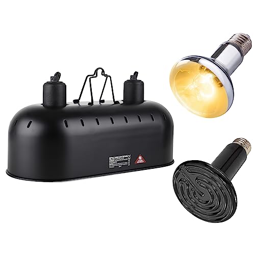 DXOPHIEX 15 inch Dual Reptile Light Fixture, Max 150W Dual Reptile Heat Lamp Fixture with 100W UVA UVB Sun Light & Ceramic Heat Emitter,Double Dome Lamp for Terrarium and Tortoise Habitat - size: 15inch with UVA UVB sun lamp and CHE bulb
