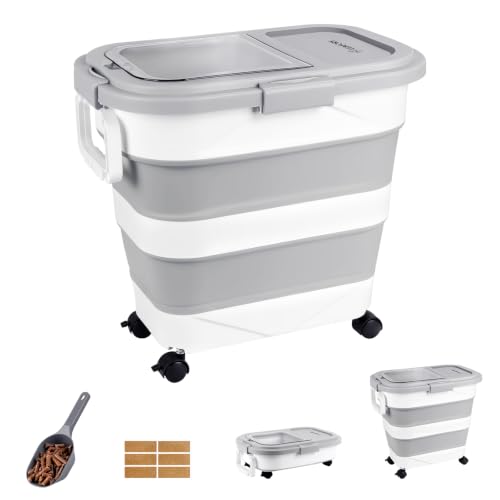 Wood Pellet Storage Container 30-40LB, Airtight Bin with Locking Lid & Clear Window, Collapsible Pellet Bucket with Wheels, Scoop & Labels, Light Gray - color: Light Gray-L