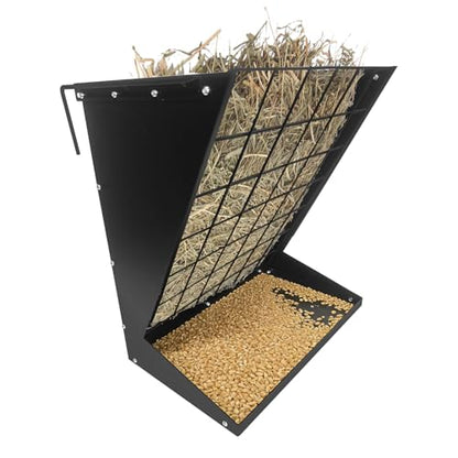 2-in-1 Heavy Duty Galvanized Steel Hay & Grain Feeder Rack for Goats, Sheep, Horses, Livestock – Wall Mount, Adjustable Distance, Easy Assembly, Black - color: black