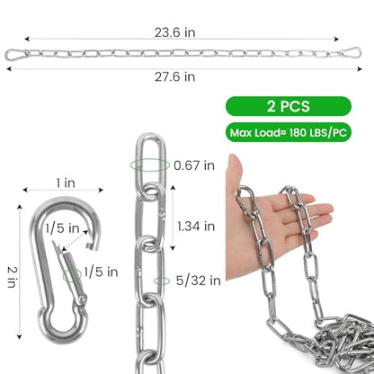 2 Pack Outdoor Gate Chain Lock with 4 Carabiners, Adjustable 5/32 x 28 Inch Security Gate Latch Chain, One Handed Operate Gate Chain for Fence Garden Yard Farm Barn, Silver
