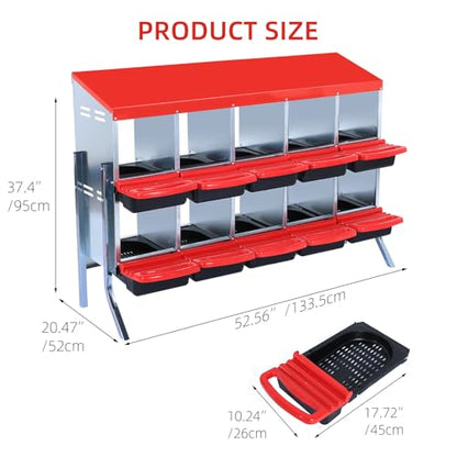 Chicken Nesting Box,Nesting Boxes for Chickens,Roll Away Nesting Boxes,10 Hole 2 Layer Hen Nest Boxes with Legs,Chicken Nesting Boxes,Easy Egg Collection,Cleanable Pull Out Hen Roosting Boxes - color: Red, size: 10 Holes With Stand