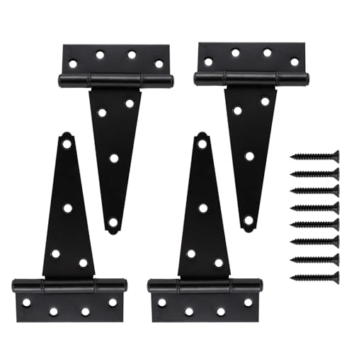 HOME MASTER HARDWARE 6 Inch T-Strap Heavy Duty Shed Door Hinges, Black Tee Hinge for Wooden Fences,Yard Door, Barn Door Gates, Rustproof Wrought Iron with Screws, 4 Pack - size: 6 in-4 Pack