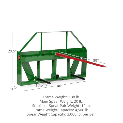 Titan Attachments UA USA Made Hay Frame Attachment, 39" Hay Spear and Stabilizers, Fits John Deere Global Euro Tractors, Rated 4,500 LB