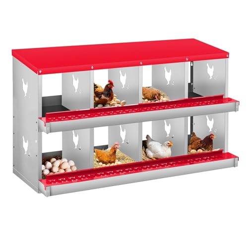 8 Compartment Chicken Nest, Stainless Steel Laying Boxes for Hens with 4 Dummy Eggs and 10 Dampproof Pets Mats, Wall Mounted or Free Standing Chicken Boxes, Roll Out Design, Red - color: Red, size: 8-Room