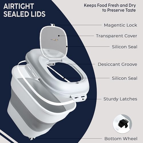 Dog Food Storage Container 30-35 lb, Airtight Collapsible Cute Dog Food Container with Wheels & Scoop, Stackable Pet Food Storage Container for Dog & Cat Food - color: Grey & White