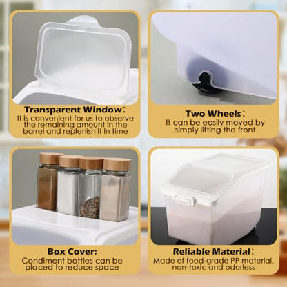 Sunnyray 4 Pcs Rice Storage Container 27.5 lb Airtight Flour Container with Wheels Measuring Cup White Pet Food Dog Cat Birds Food Bin Grain Cereal Organizer Box for Dry Baking Supplies - size: 9.45 x 12.2 x 10.24 Inch