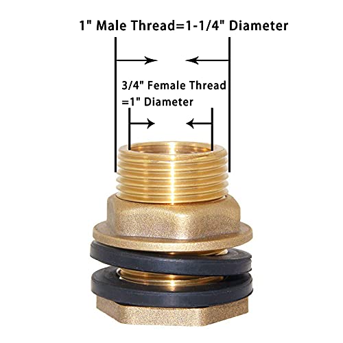 Joywayus 3/4" Female 1" Male Soild Brass Water Tank Connector Bulkhead Tank Fitting With 2 Rubber Ring Stablizing - size: 3/4" Female - 1" Male