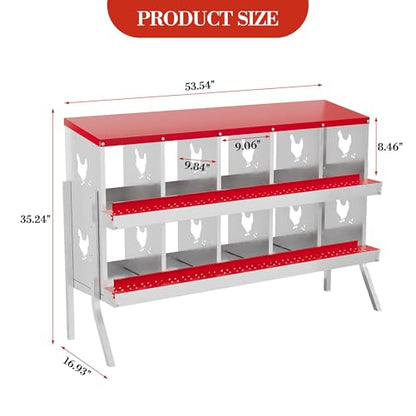 Chicken Nesting Box,10 Compartments Galvanized Steel Metal Chicken Laying Box with Roll Out Egg Collection,Wall Mount Chicken Nesting Boxes,Easy Egg Collection, Hen Roosting Boxes - color: Red, size: 10 Holes with Legsompartments with legs