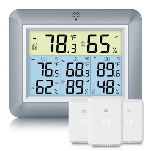Urageuxy Weather Station Wireless Indoor Outdoor Thermometer with 3 Sensors, Remote Temperature Monitor with Humidity for Home, Baby Nursery, Room, Attic, Patio, Grey - color: Grey