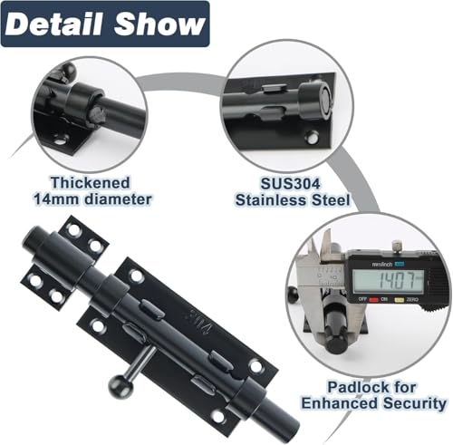 Alise Slide Lock SUS304 Stainless Steel Gate Latch, Slide Bolt Latch,Thickened Heavy Door Latch Lock,8 Inch Black Barrel Bolt Latch, Security Slide Latch Lock - color: Black, size: 8 Inch (Regular)