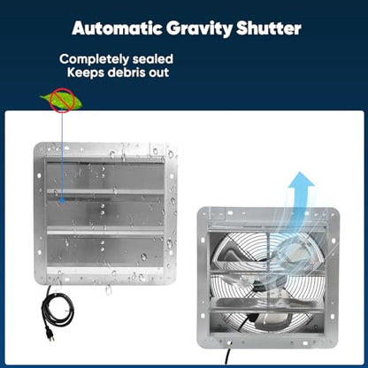 KEN BROWN 12 Inch Shutter Exhaust Fan, Gable Vent Fan, Wall Mount Ventilation, High Speed 1450 CFM, Automatic Aluminum Blades, for Garages, Shop, Greenhouse, Attic, with Power Cord - size: 12 Inch