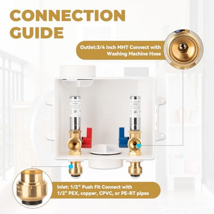 Washing Machine Outlet Box, with Stainless Steel Water Hammer Arrestor, 1/2-Inch Push Fit x3/4-Inch MHT with Center Drain, Washer Faucet Recessed Box, Laundry Washer Valve Outlet Box - color: Push Fit/SS Arrestor