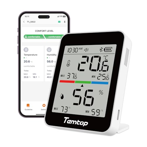 Temtop Humidity Meter T1, Indoor Thermometer for Room Temperature, Bluetooth Hygrometer with Notification Alerts, Data Export, Digital Gauge for Home, Office, Greenhouse, Garage, Baby Nursery, Gift - size: Basic Edition