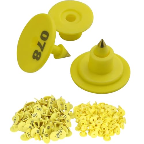 100 Sets Animal Ear Tags, Round Numbered 001-1000 for Sheep Pigs Goats Cattle, Plastic Livestock ID Tags Yellow 001-100 - color: Yellow