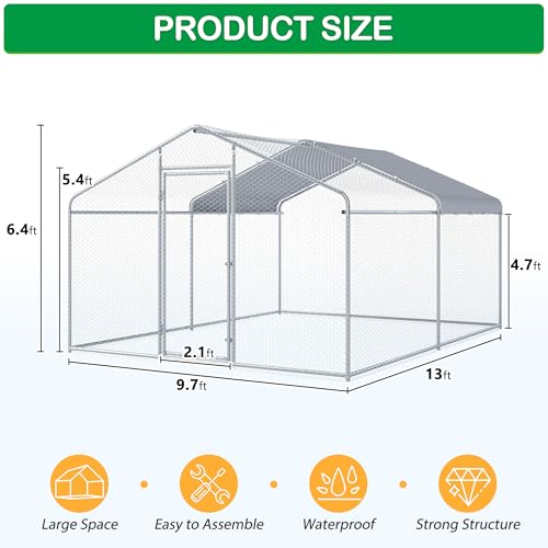 Large Metal Chicken Coop, Walk-in Chicken Run Pen with Waterproof Cover, Spire Roof Poultry Cage Run for Outdoors, Backyard, Farm(9.7'Wx12.99'Lx6.4'H) - size: 13'Lx9.7'W