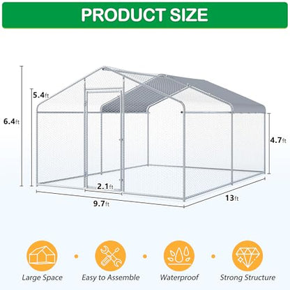 Large Metal Chicken Coop, Walk-in Chicken Run Pen with Waterproof Cover, Spire Roof Poultry Cage Run for Outdoors, Backyard, Farm(9.7'Wx12.99'Lx6.4'H) - size: 13'Lx9.7'W