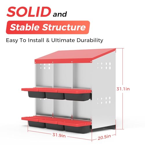 Heavy Duty Galvanized Steel Chicken Nesting Box – 6 Holes, Roll Away Egg Laying, Protective Lid, Wall Mounted or Freestanding, Easy Clean, Vented Pegboard Side, Red (Pegboard Side Design) - color: Red, size: 6 Room&Mat Board