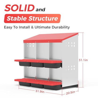 Heavy Duty Galvanized Steel Chicken Nesting Box – 6 Holes, Roll Away Egg Laying, Protective Lid, Wall Mounted or Freestanding, Easy Clean, Vented Pegboard Side, Red (Pegboard Side Design) - color: Red, size: 6 Room&Mat Board